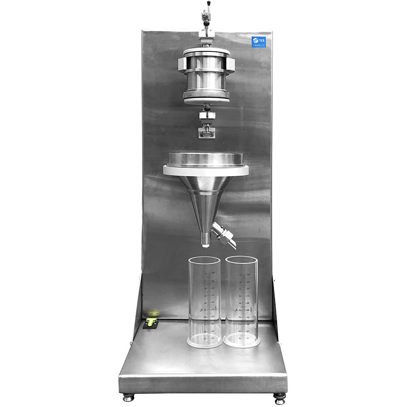 Full stainless steel filtration system with a vertical panel, funnel, precision clamps, and two graduated cylinders for liquid collection.