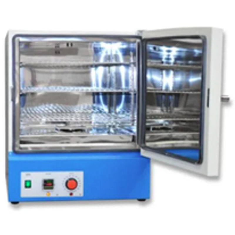 The image shows a small incubator with a blue base and an open door, revealing the stainless steel interior with shelves. The control panel is on the front, featuring a digital display, a green switch, and a red knob.