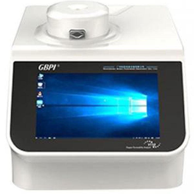 This image shows a permeability analyser, with a display screen showing a desktop interface. The background is plain white.