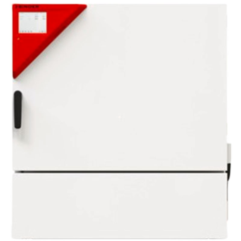 White single-door laboratory cabinet with a red triangular control panel and black handle.